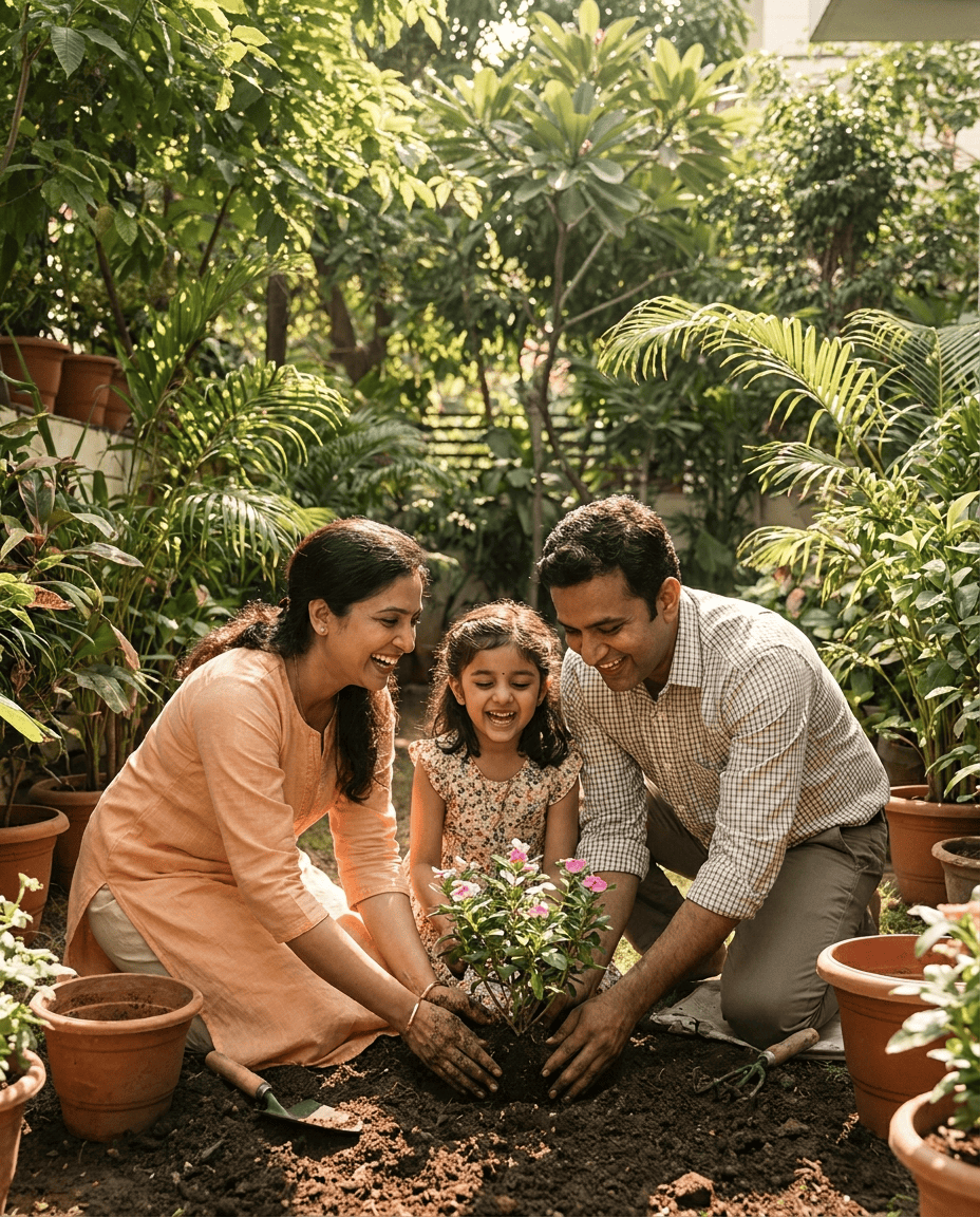 A family planting a small flowering shrub together in a lush green home garden.