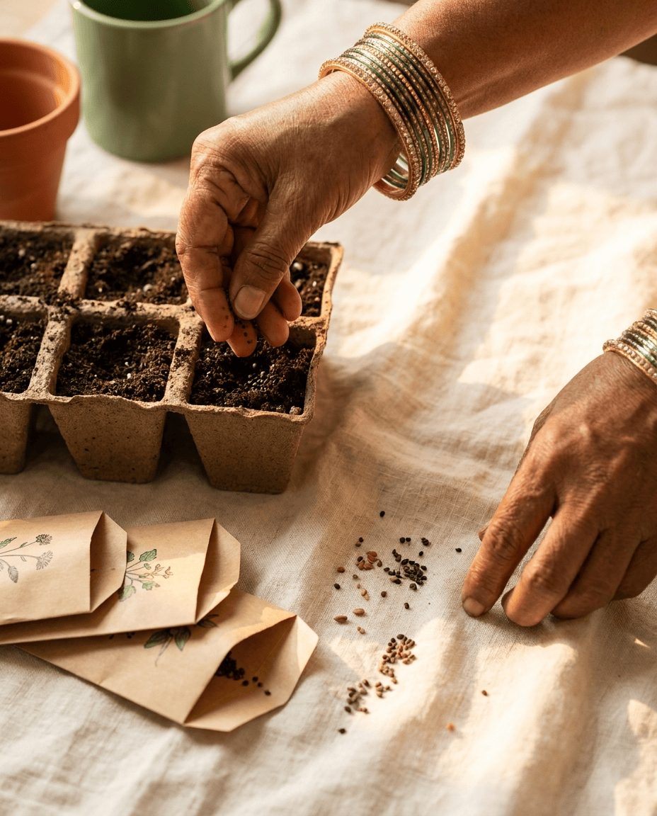 Hands sprinkling seeds into a seedling tray filled with dark soil.