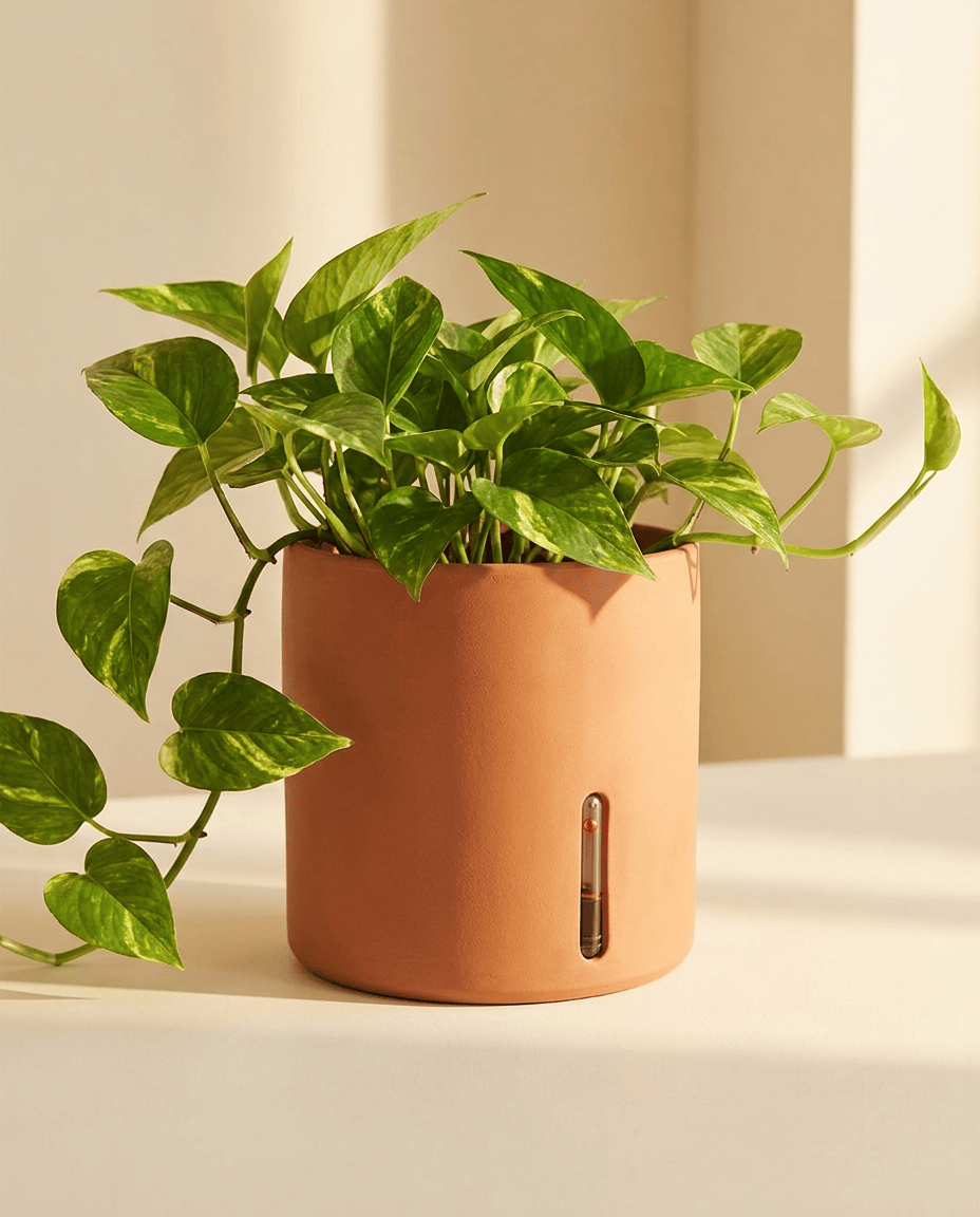 A matte terracotta self-watering planter holding a healthy pothos plant, with a water-level indicator on the side.